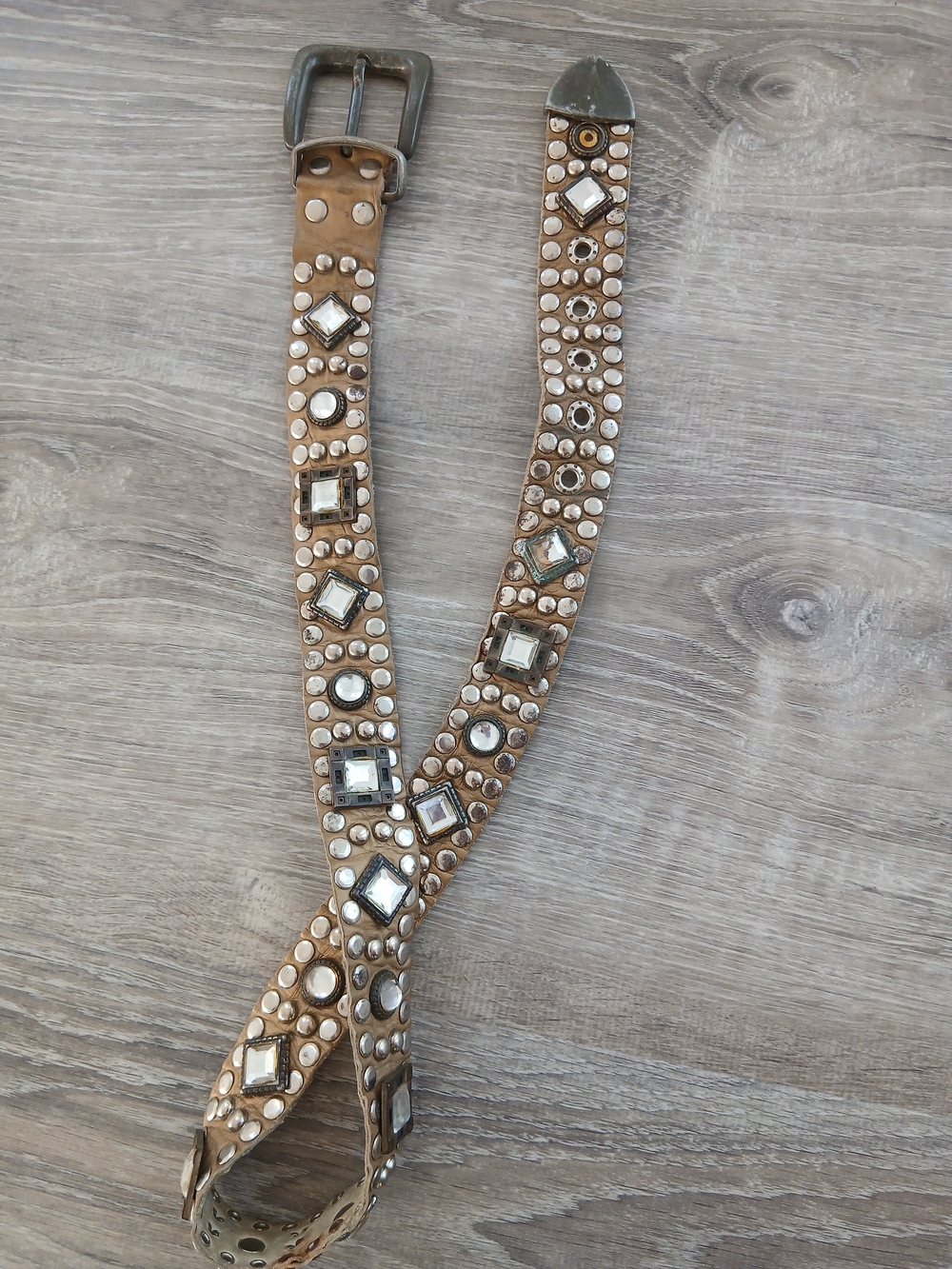 Vintage Beige Studded Leather Belt with Mirror Studs